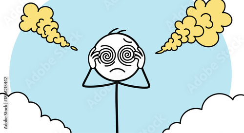 Dizzy and confused stick figure with swirling eyes, holding his head as yellow smoke comes out of his ears, indicating burnout.