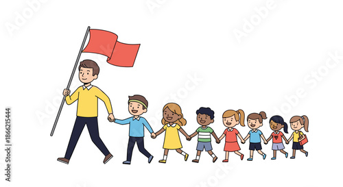 Male teacher or guide leading a line of diverse, happy children who are all holding hands and following his red flag.