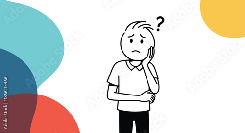 Simple line drawing of a worried and confused young man with a question mark, touching his face in thought on a colorful background.