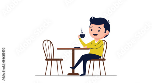 Young man sitting alone at a cafe table, smiling and enjoying a hot cup of coffee or tea in a peaceful, relaxing moment.