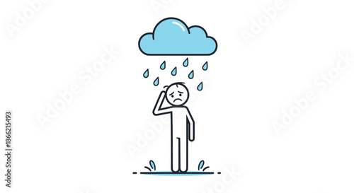 Sad and depressed stick figure standing in a puddle under a small, personal rain cloud, symbolizing sadness, grief, and bad luck.