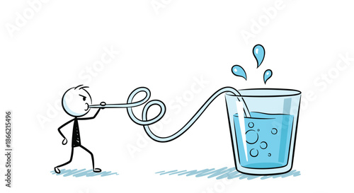 Stick figure character blowing hard through a long, looped straw to create bubbles and splashes in a large glass of water.
