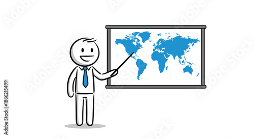 Stick figure businessman in a suit and tie smiling and pointing to a blue world map on a presentation screen, showing global reach.