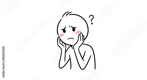 Simple hand-drawn stick figure with blushing cheeks and a question mark, expressing feelings of confusion, shyness, embarrassment, or awkwardness.