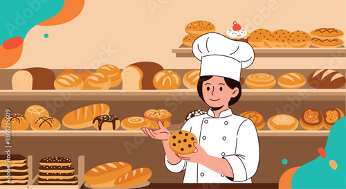 Smiling female baker in a professional uniform proudly presenting a fresh chocolate chip cookie in a charming bakery with assorted breads.