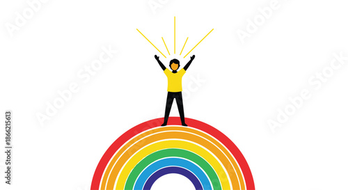 Person standing triumphantly on top of a colorful rainbow with arms raised, symbolizing success, happiness, hope, and achievement.