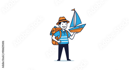Happy cartoon traveler wearing a hat and carrying a large backpack holds a toy sailboat, symbolizing adventure, dreams of travel, and exploration.