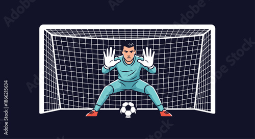 Determined soccer goalkeeper in a ready stance, preparing to defend the goal during a critical moment in a football match competition.