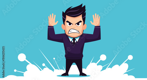 Furious cartoon businessman with an angry expression and hands raised in frustration, with an explosion graphic symbolizing rage and stress.