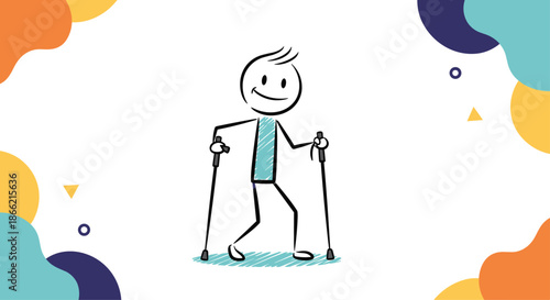 Cheerful stick figure enjoying a healthy lifestyle with a Nordic walking exercise, using poles for a full-body workout outdoors.