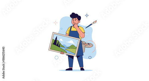 Thoughtful male artist wearing an apron, holding a palette and a finished landscape painting, contemplating his creative work and inspiration.