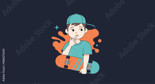 A cool young boy in a backwards cap holding his skateboard, looking thoughtful against an abstract paint splash background illustration.