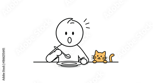 A surprised stick figure is interrupted while eating by a cute ginger cat peeking over the table, begging for a share of the food.