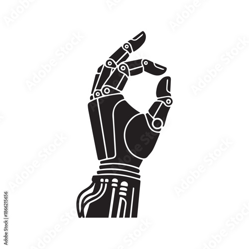 Robotic hand icon vector illustration, mechanical cyborg arm silhouette isolated on white background for technology, artificial intelligence, and automation design
