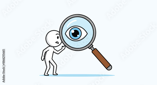 Curious hand-drawn stick figure character looking with surprise at a giant magnifying glass revealing a large, detailed eye.