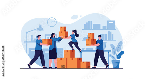 Office team working together, efficiently organizing and moving cardboard boxes, illustrating teamwork, logistics, and relocation concepts.