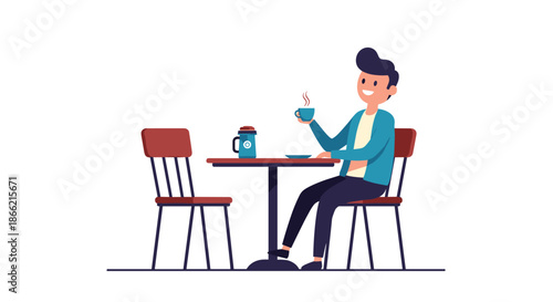 A smiling young man relaxes at a table in a coffee shop, enjoying a peaceful moment with a hot cup of coffee or tea.