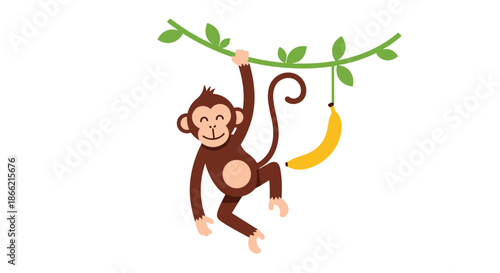 A cheerful cartoon monkey hanging from a jungle vine with a smiling face, looking at a ripe banana ready to be eaten.