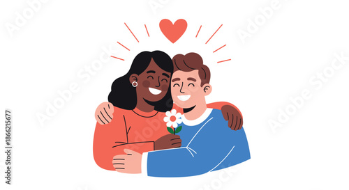 A loving and happy interracial couple embracing warmly, with the man giving a flower to the woman under a shining heart symbol.