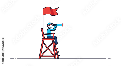 Lifeguard on a tall red chair vigilantly watching over the area with binoculars, symbolizing safety, security, and observation.