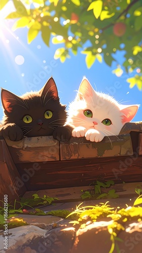4k wallpaper of Two adorable kittens, black and white, playfully peek over a rustic wooden ledge, bathed in sunlight through green leaves