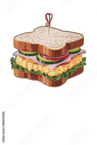 Layered club sandwich with lettuce tomato cheese ham and salami on sliced bread isolated on white background delicious lunch food icon for cafe menu recipe blog picnic snack and catering promotion
