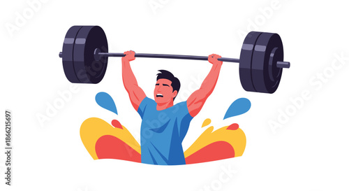 A powerful and determined man successfully lifting a heavy barbell overhead, showcasing strength, weightlifting, and intense physical effort.
