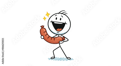 An extremely happy and excited stick figure character proudly holding a large, delicious-looking sausage, ready to eat a tasty meal.