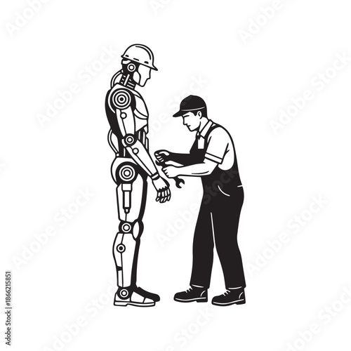 Human mechanic repairing humanoid robot silhouette vector illustration, technician fixing futuristic android machine with wrench isolated on white background for industrial maintenance and artificial 
