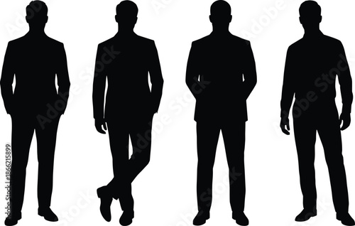 Businessman silhouettes illustration collection, professional men in suits posing confidently, corporate leadership and executive fashion concept isolated black figures set
