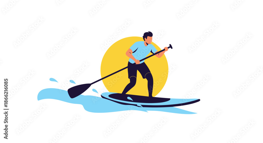 Fototapeta premium An active man enjoying stand-up paddleboarding on the water, paddling across the waves on a sunny day for a summer water sport.
