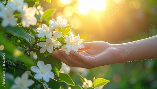 Gentle Hand Reaching Out To Touch Delicate White Blossoms Bathed In Golden Sunlight With Lush Green Foliage Background