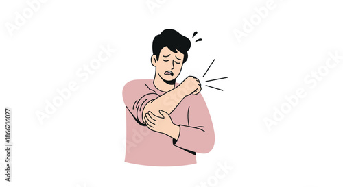 A young man experiencing sharp pain in his elbow or arm, clutching the sore area due to an injury, cramp, or medical condition.