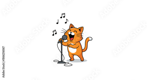A talented and happy cartoon cat singing passionately into a microphone, performing like a rock star with musical notes in the air.