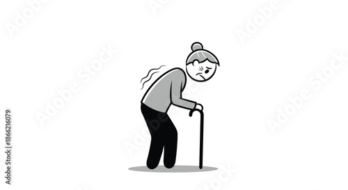An elderly woman suffering from back pain, hunched over and walking with difficulty using a cane, illustrating issues of old age.