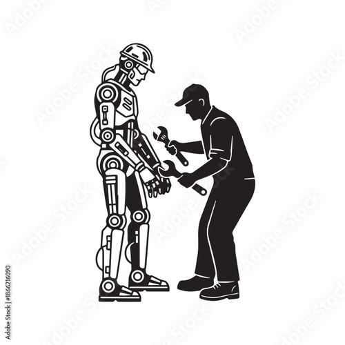Human mechanic repairing humanoid robot silhouette vector illustration, technician fixing futuristic android machine with wrench isolated on white background for industrial maintenance and artificial 