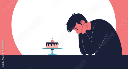 A sad and lonely man sits alone at a table, looking down at a small birthday cake, feeling depressed and isolated during a celebration.