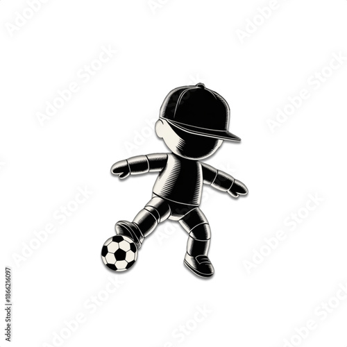 Shiny metallic soccer player icon wearing a cap kicking a football in dynamic motion on white background for modern sports team logo mobile game badge sticker apparel and tournament promo