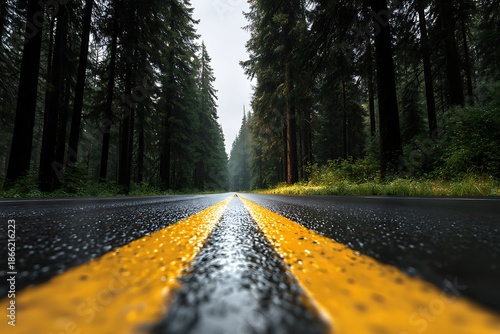 A wet asphalt road stretches forward through a dense forest landscape