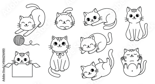 Set of cute cats isolated on collection of adorable kittens in various poses, playing, sleeping, sitting and lying down
