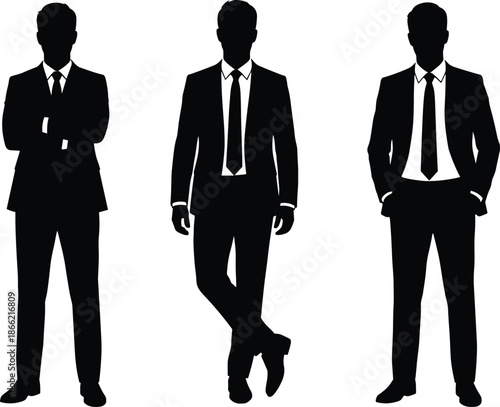 Businessman silhouette illustration set, professional men wearing suits standing confidently, corporate leadership, executive style concept isolated black figures design