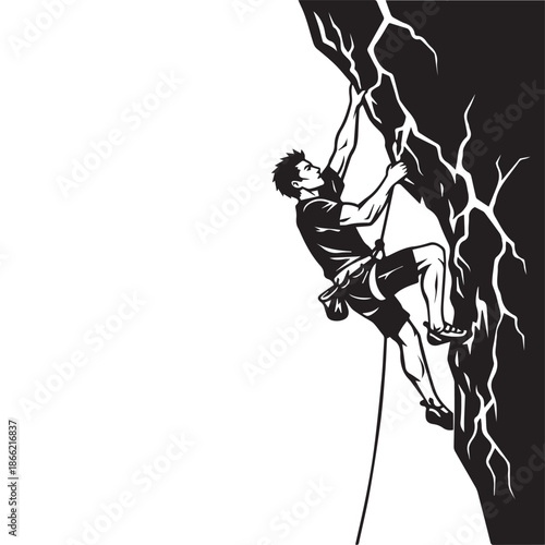 Rock climber silhouette vector illustration, athletic man scaling steep cliff with rope and harness, extreme mountain sport concept black icon

