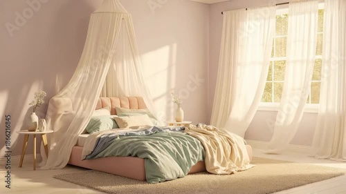 Soft breeze through sunlit bedroom with pink bed  white canopy, and serene comfort.