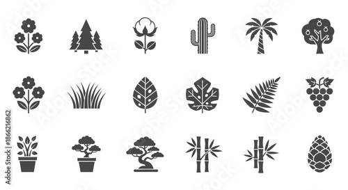 Collection of nature icons featuring flowers, trees, cactus, palm, grapes, bamboo, bonsai, and pine cone isolated on