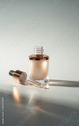 Luxury cosmetic foundation or serum bottle with dropper cap on soft neutral background minimal beauty product mockup for skincare branding packaging design advertising and social media content