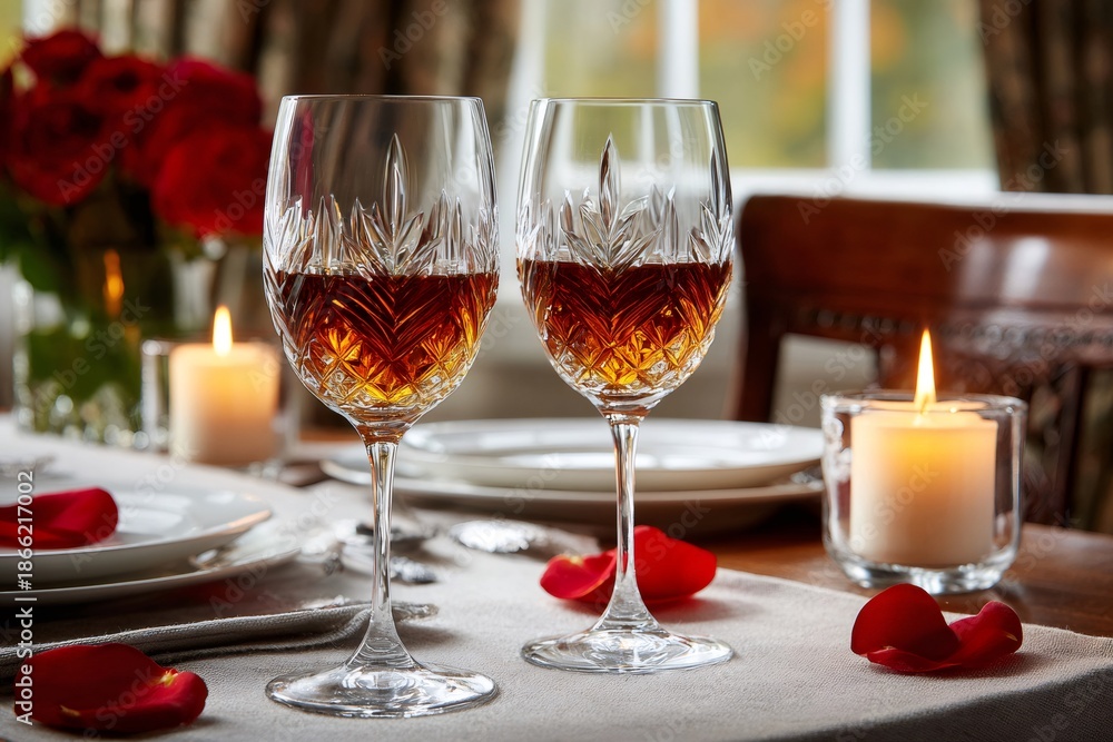 Naklejka premium Romantic dinner table set with crystal wine glasses