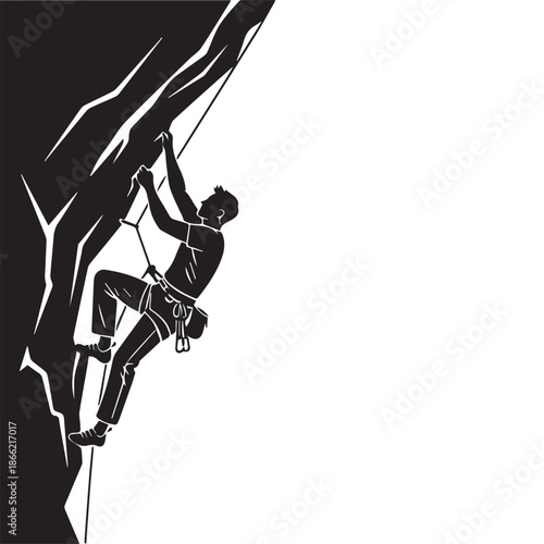 Rock climber silhouette vector illustration, athletic man scaling steep cliff with rope and harness, extreme mountain sport concept black icon
