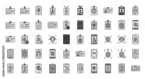 Collection of various identification cards and passport icons in doodle style isolated on for easy use and customization