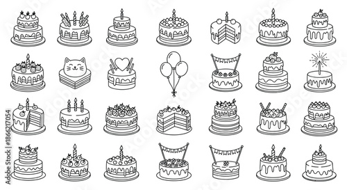 Collection of various birthday cake icons in doodle style isolated on for easy use and customization in your design project