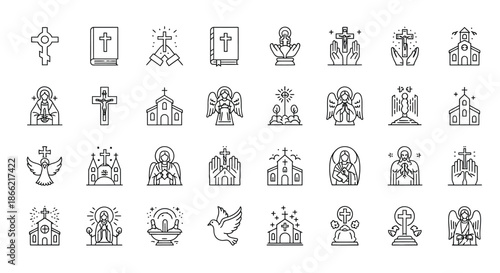 Collection of christianity line icons representing religious symbols and elements isolated on